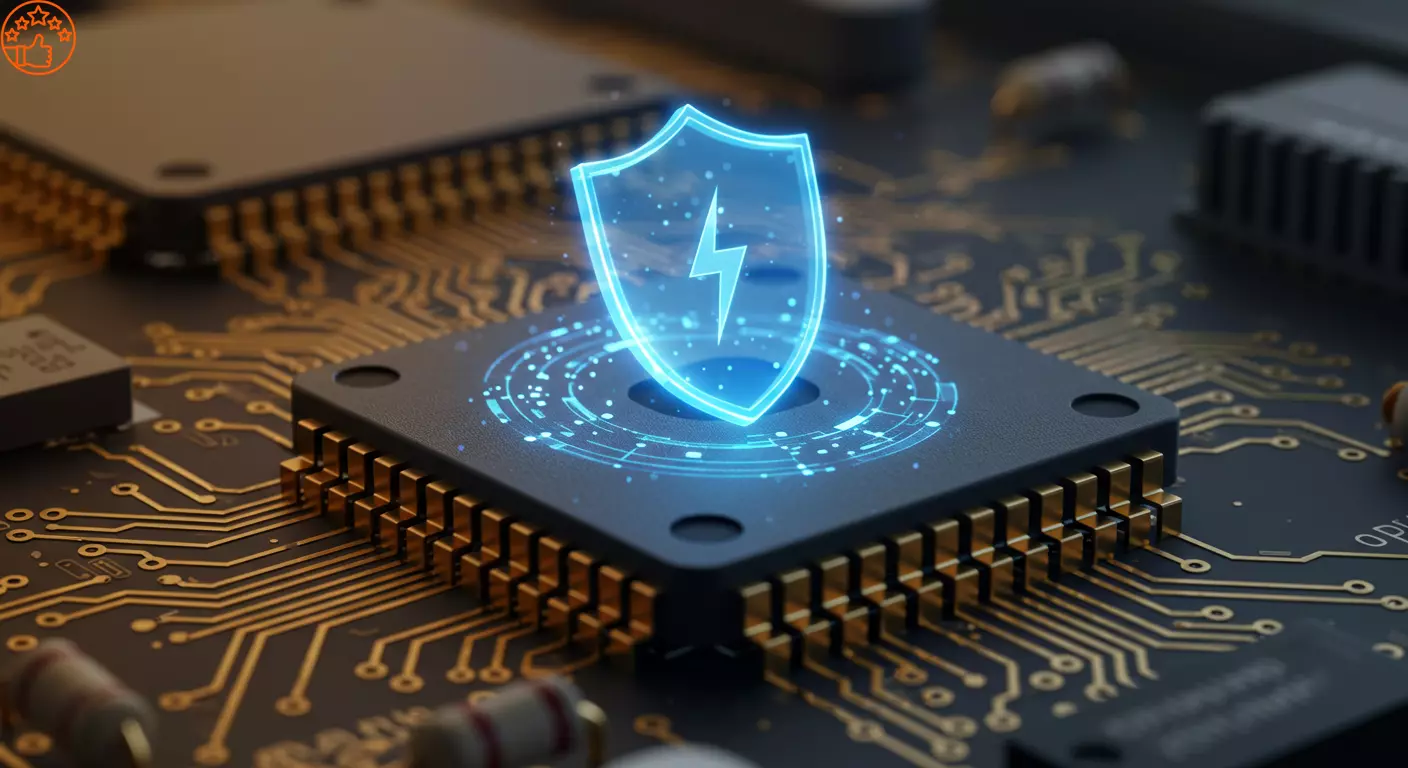 A Universalidade do Padrão USB Power Delivery (USB-PD) Imagem conceitual de um chip de gerenciamento de energia, com um escudo de proteção brilhando sobre ele, simbolizando um carregamento rápido e seguro.