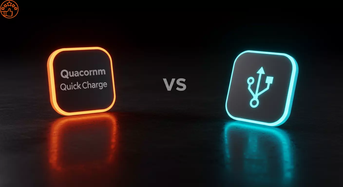 padroes carregamento rapido quick charge usb pd Uma composição visual mostrando os logos das principais tecnologias de carregamento rápido: Qualcomm Quick Charge e USB Power Delivery (PD).