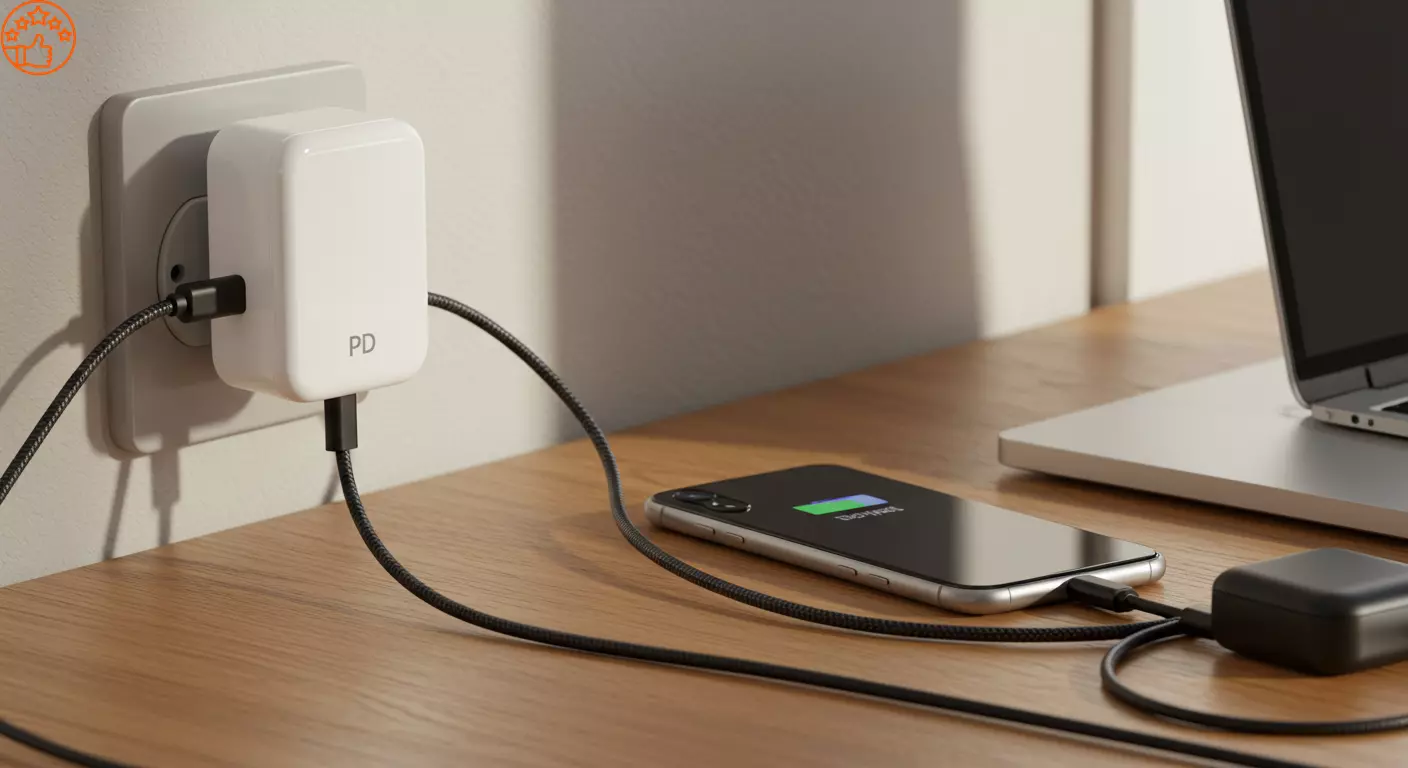 A Universalidade do Padrão USB Power Delivery (USB-PD) Uma imagem mostrando um único carregador USB-C com o logo USB-PD carregando simultaneamente um smartphone, um notebook e um fone de ouvido.