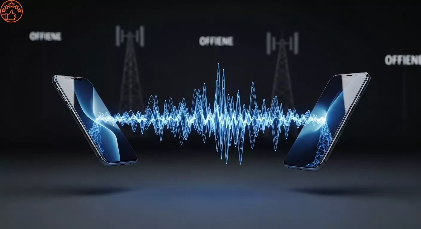 Imagem conceitual de dois smartphones se comunicando diretamente via ondas de rádio, sem a necessidade de torres de celular ou internet.